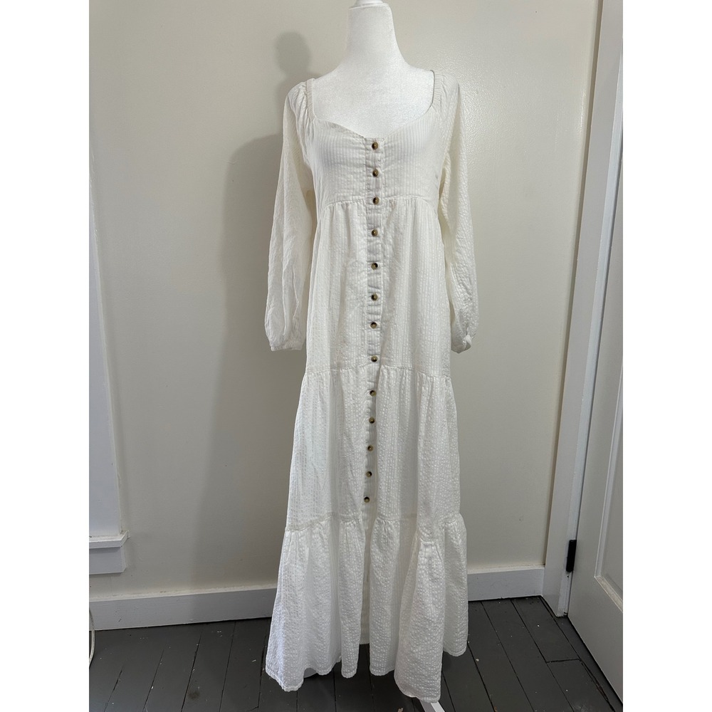 Billabong White Seersucker Maxi Dress Long Sleeve Tiered Button Front Boho Small
